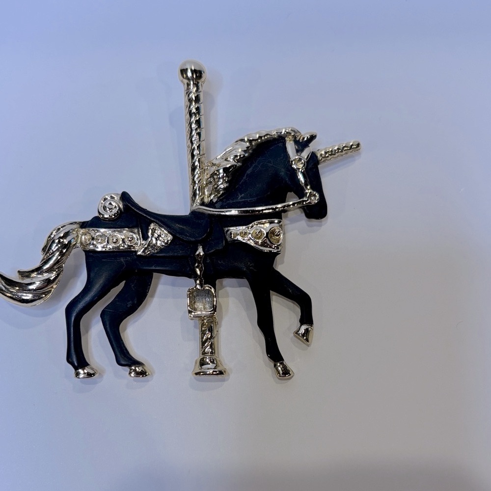 Black and Gold Unicorn Carousel Horse Brooch Vintage
